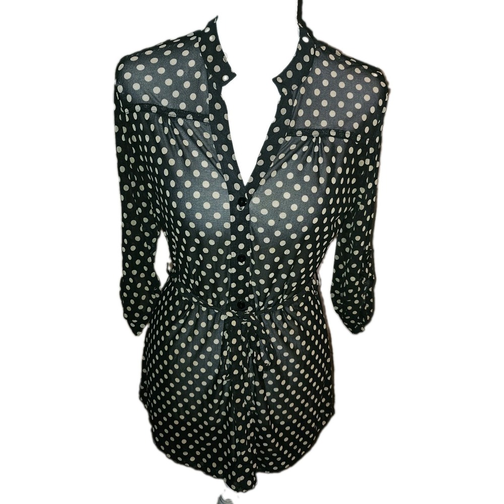 Eden & Olivia Sheer Black W Polka Dots Top 3/4 Roll Tab Sleeve Belted Classic